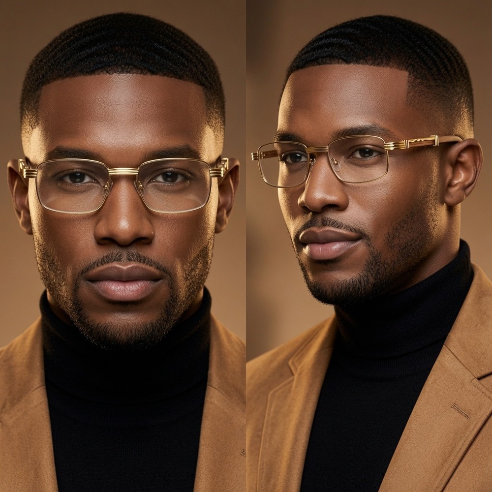 Mens Gold Rectangle Wood Grain Clear Lens Glasses Retro Hip Hop Fashion Eyewear